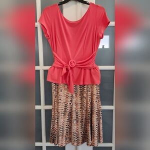 Coral Midi Blouse with Waist Tie and Patterned Skirt